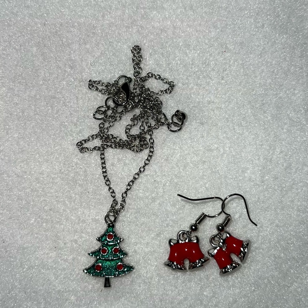 Festive Christmas Tree Necklace and Bell Earrings Set